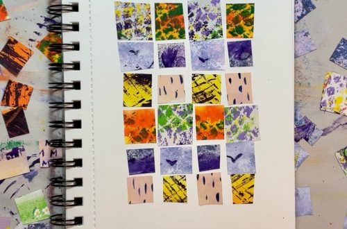 Image of an art-journal page with pieces of colorful hand-painted paper cut into squares and arranged in a rectangle to represent a quilt.