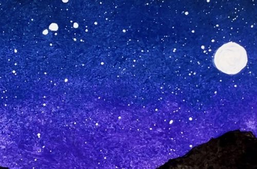 Art journal page with purple blue and black night sky with paint spatter stars and full moon over black paper mountains.