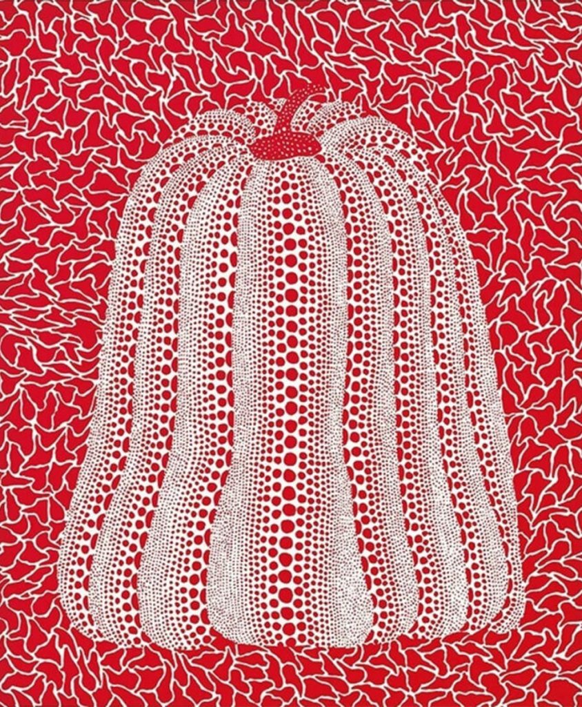 Pumpkin by Yayoi Kusama, 1983. One of many pumpkin paintings, this one red and white on a background of one of her Infinity Nets.
