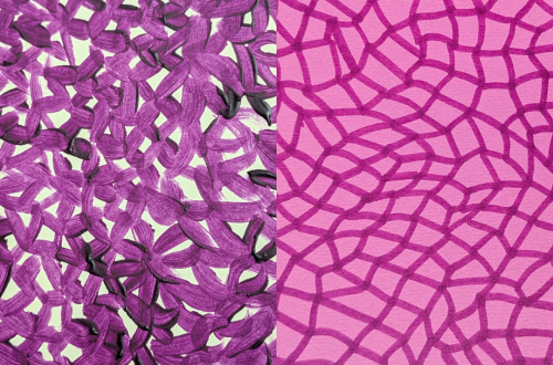 Infinity Nets closeups in purple paint and deep pink marker on dark pink