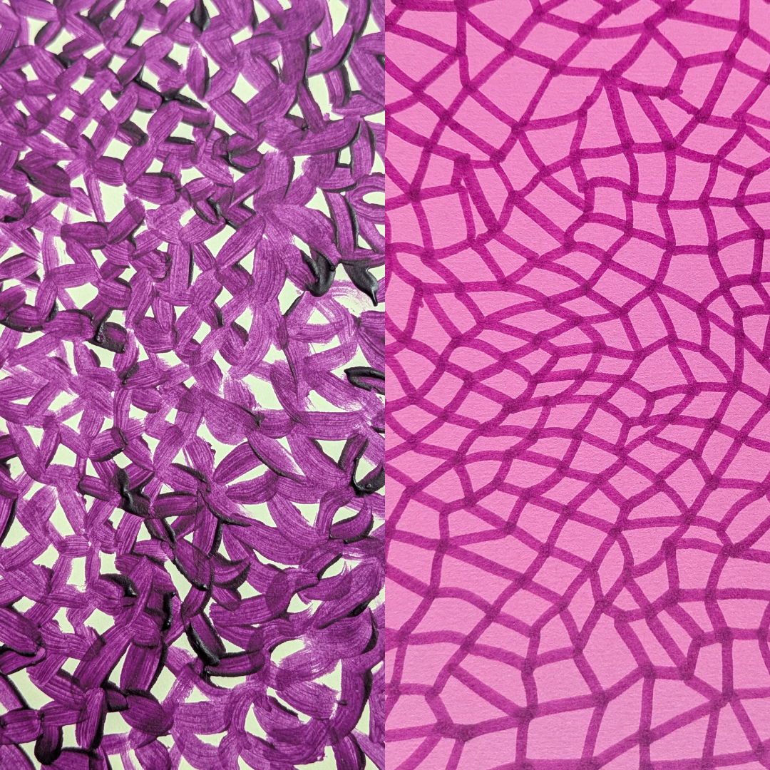 Infinity Nets closeups in purple paint and deep pink marker on dark pink